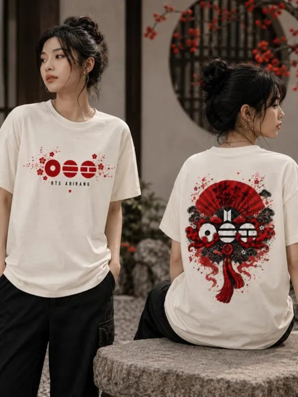 BTS Arirang Red Folding Fan Shirt, Two Sided Cloud Tassel Graphic T Shirt